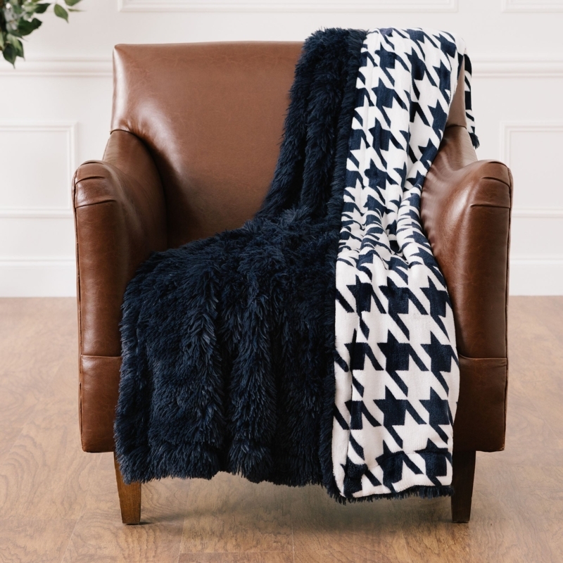 Throw Blanket Woven Navy Blue White Fringed Edge Tonal Blue Styling