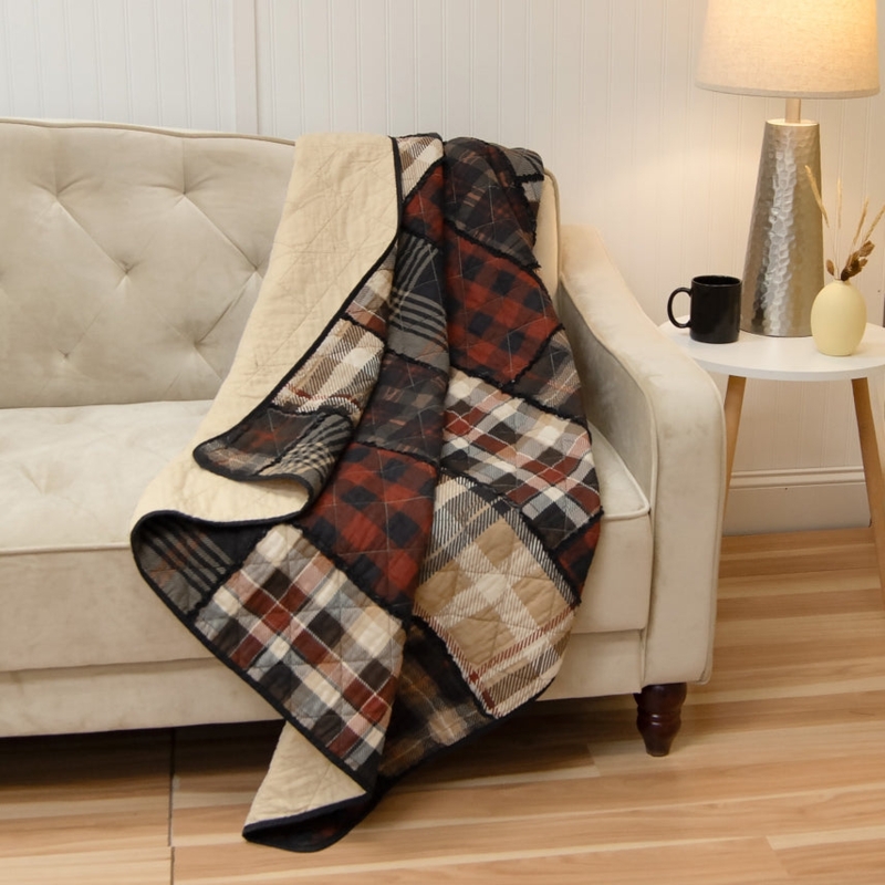 Throw Blanket Woven Plaid Black White Red Fringed Edges Rustic