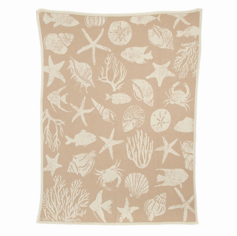 Throw Blanket Woven Sea Turtle Pattern Navy Cream Fringed Coastal Decor