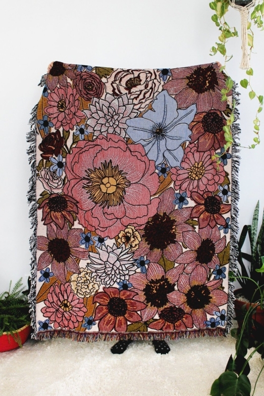 Throw Blanket Woven Tapestry Oversized Botanical Pattern Fringed Trim
