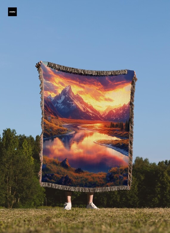 Throw Blanket Woven Tapestry Sunset Mountain River Scenic Fringe