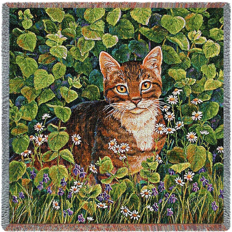 Throw Blanket, Woven Tapestry with Botanical and Cat Illustrations