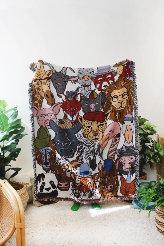 Throw Blanket, Woven Tapestry with Colorful Fringe and Animal Print