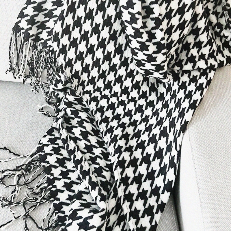Throw Blanket Woven Tasseled Trim Black Monochrome Sofa Throw