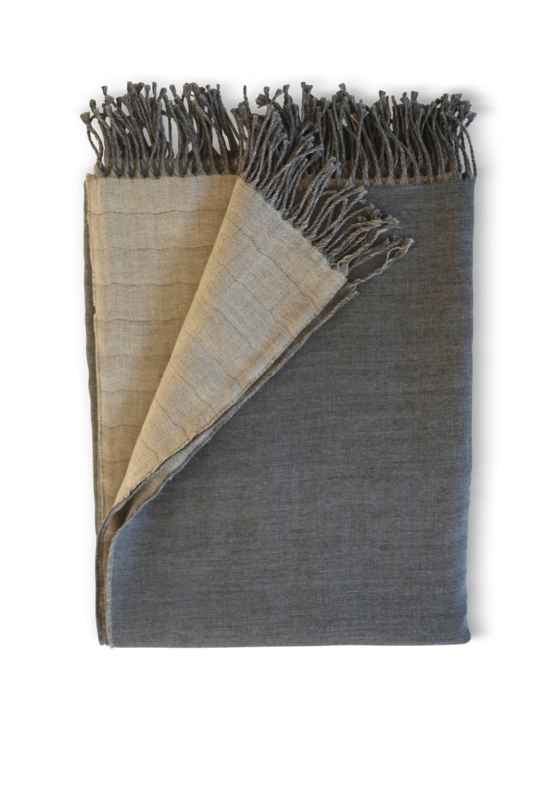 Throw Blanket Woven Texture Fringed Edges Linen-like Gray & Slate Blue