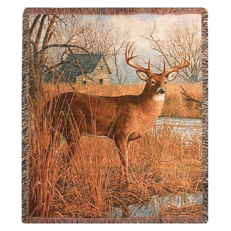 Throw Blanket, Woven with Deer Graphic and Antlers, Rustic Lodge