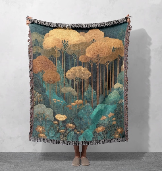 Throw Blanket Woven Woodland Landscape Scene Fringed Edges Rustic