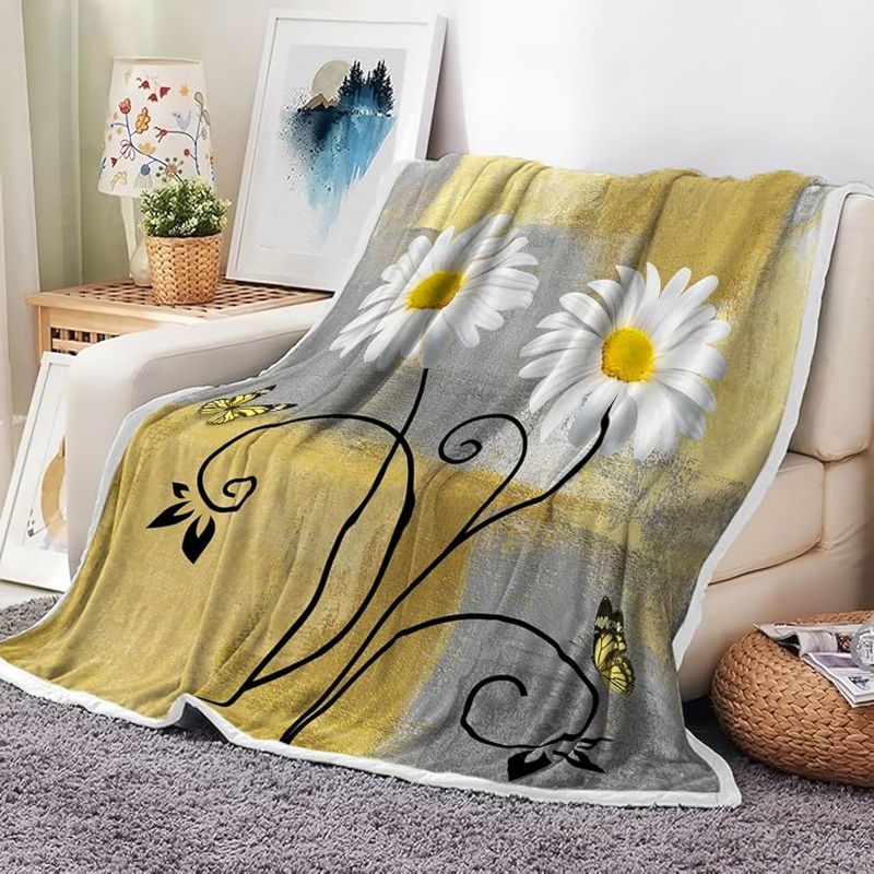 Throw Blanket Yellow And Gray Floral Daisy Print Plush Fleece