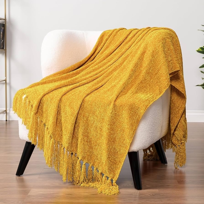 Throw Blanket, Zigzag Knit, Tassel Fringe, Gold