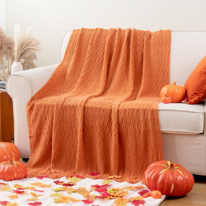 Throw Blanket Zigzag Pattern Tassel Fringe Lightweight Burnt Orange