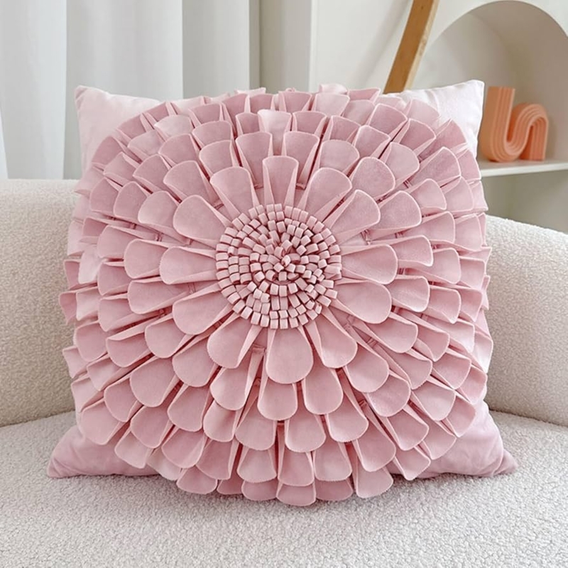 Throw Pillow 3D Flower Shape Plush Fabric Pink Whimsical Accent
