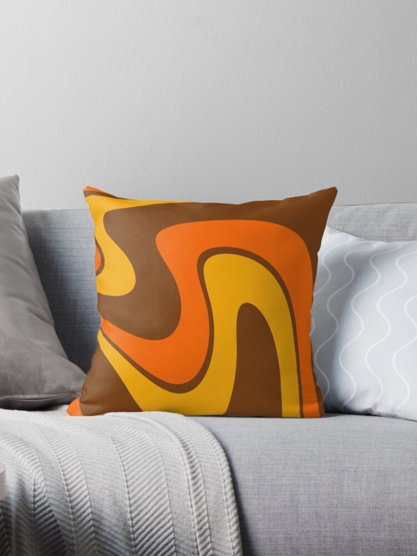 Throw Pillow: 70s Retro Geometric Arch Pattern, Orange, Yellow, and Brown