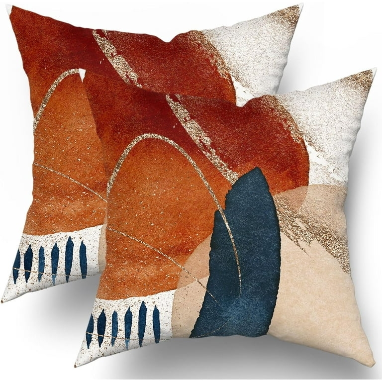 Throw Pillow, Abstract Art Print in Burnt Orange & Navy, Boho Style