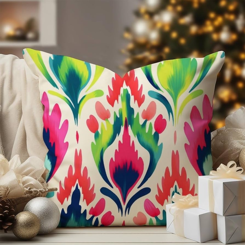 Throw Pillow Abstract Ikat Coral Green Chinoiserie Print
