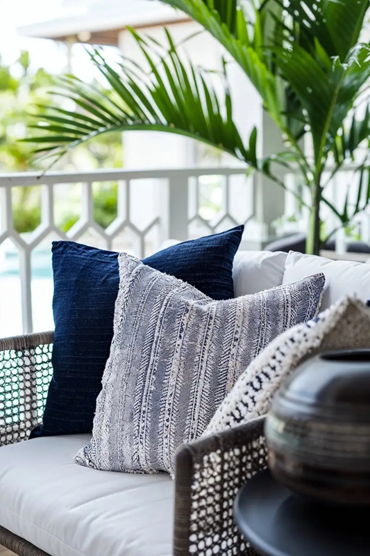 Throw Pillow Accent: Blue Geometric Print with Boho Corner Tassels Decor