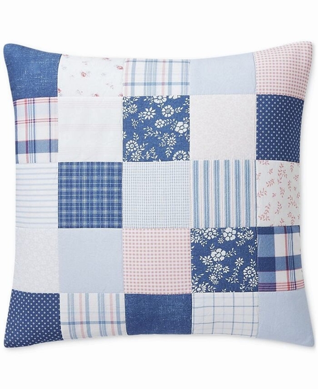 Throw Pillow Americana Patchwork Blue White Ruffled Edge Floral Stripe