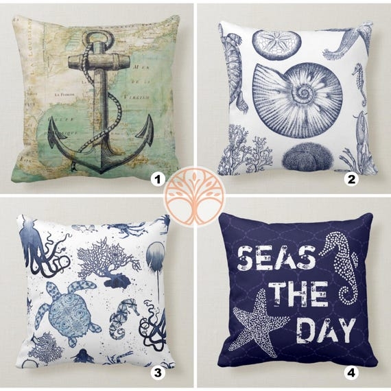 Throw Pillow, Anchor Embroidery, Navy Blue Palette, Linen Like Fabric.
