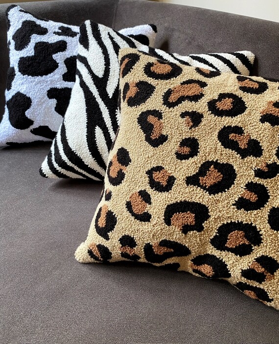 Throw Pillow Animal Shape Hand Tufted Cheetah Punch Needle Boho