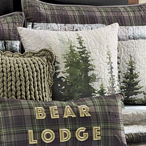 Throw Pillow, Appliqué Motif, Bear Silhouette, Beige, Rustic Cabin Lodge Decor