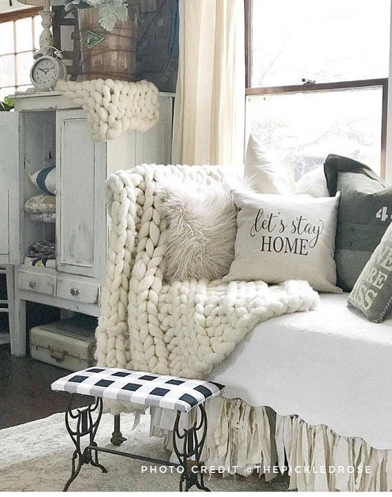 Throw Pillow Arrangement Typography Print Chunky Knit Window Seat