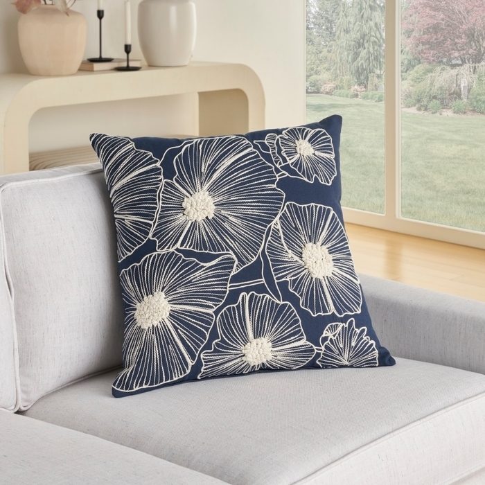 Throw Pillow: Artisanal Navy Blue with Floral Embroidery Accent