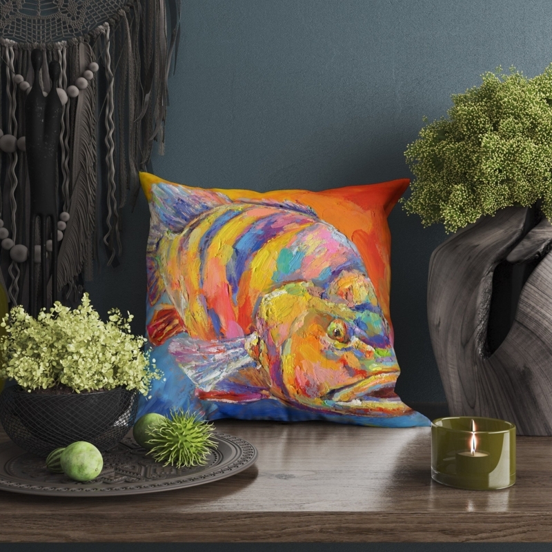 Throw Pillow, Artistic Sea Bass Graphic, Blue and Yellow Coastal Style