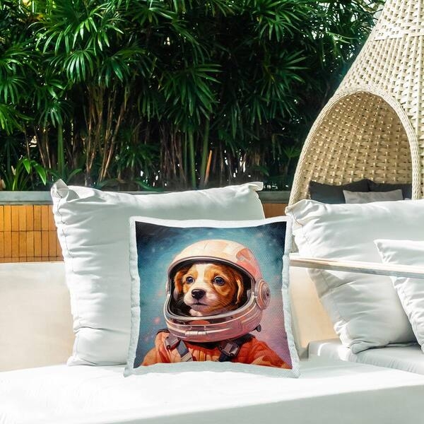 Throw Pillow Astronaut Puppy Graphic Whimsical Kids Space Decor White