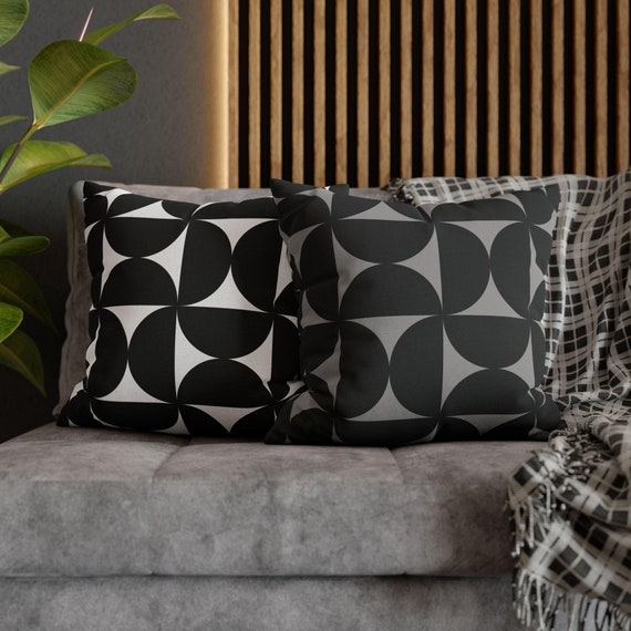 Throw Pillow: Bauhaus Geometric Print, Black and White Monochromatic