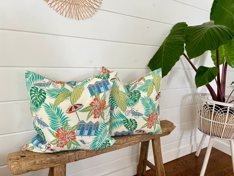 Throw Pillow Beach Hut Motif Multitone Teal Palette Coastal Island