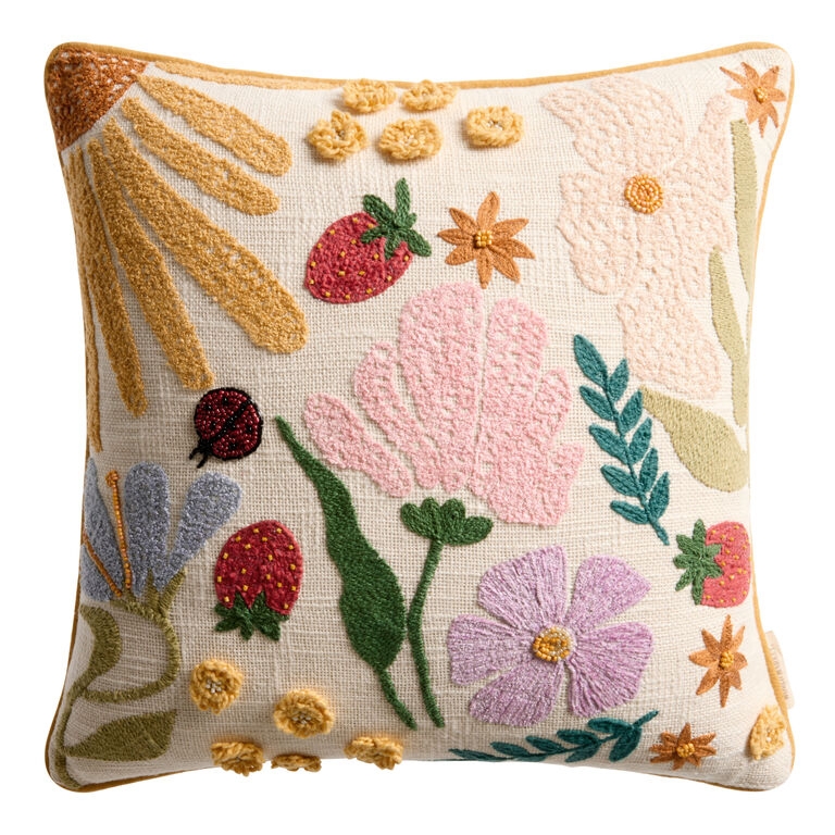 Throw Pillow Beaded Accents Rectangular Spring Botanical Embroidery