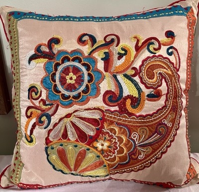 Throw Pillow Beaded Embroidery Paisley Pattern Vibrant Bohemian Chic