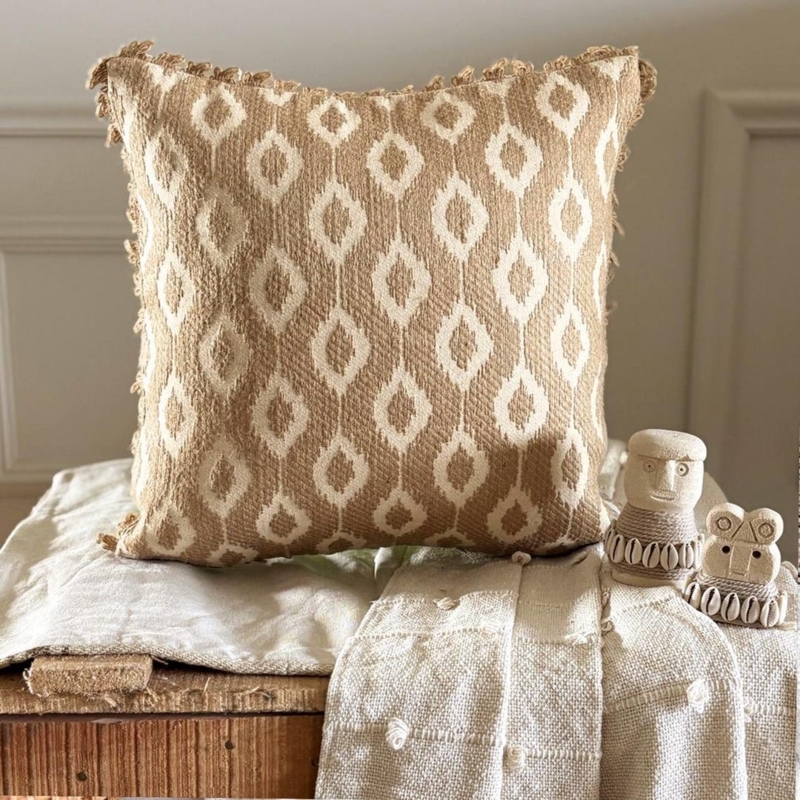 Throw Pillow Beige Jute Ikat Lace Trim Scalloped Edge