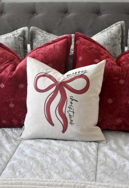 Throw Pillow Beige Linen-Like Fabric Red Bow Graphic Farmhouse Decor