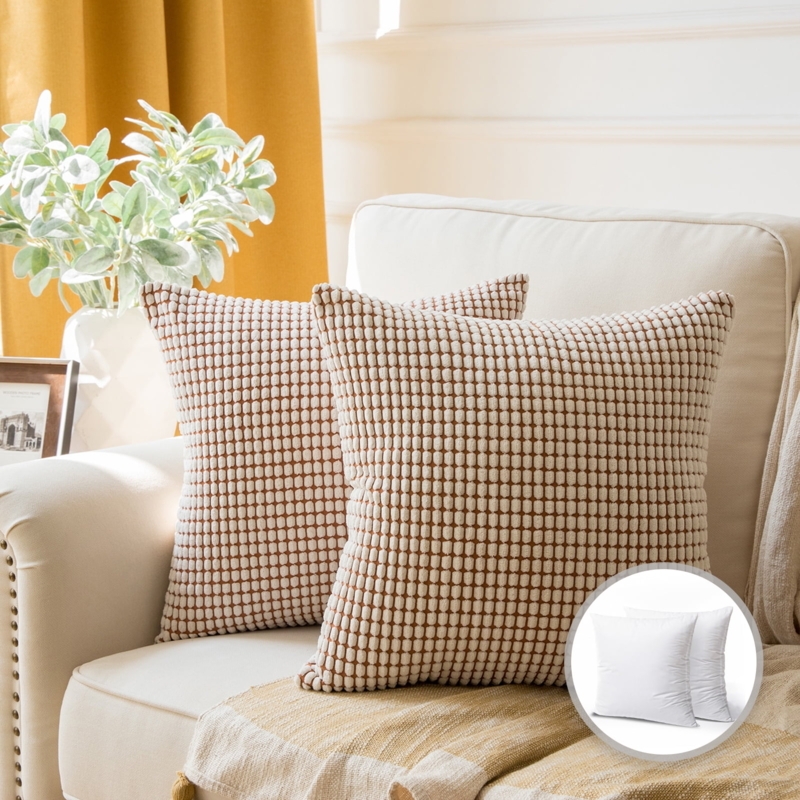 Throw Pillow: Beige Ribbed Texture, Modern Transitional Corduroy Cushion.