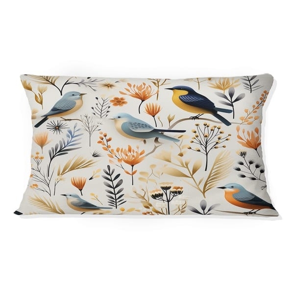 Throw Pillow Bird Motif Scandinavian Floral Folk Art Style White