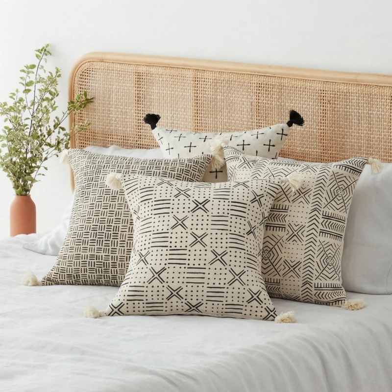 Throw Pillow, Black Mudcloth Pattern Geometric Zigzag, Corner Tassels
