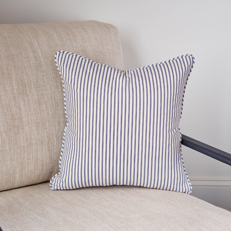 Throw Pillow, Blue and White Ticking Stripe, Linen Like Texture