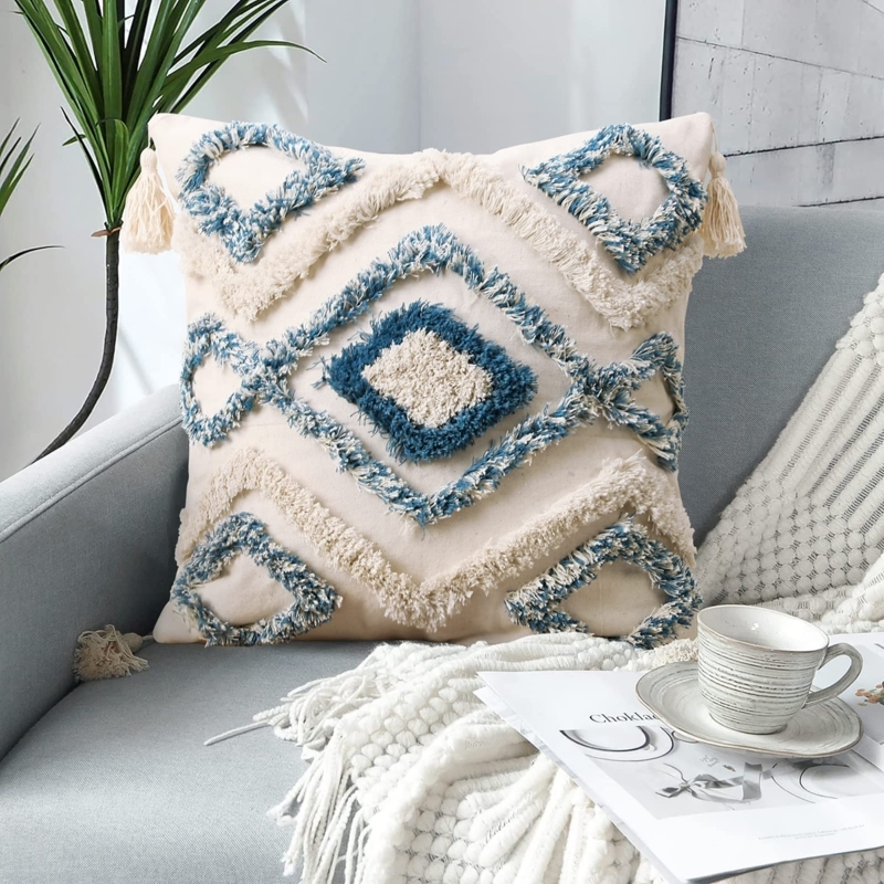 Throw Pillow Blue Beige Woven Textured Pattern with Corner Tassels