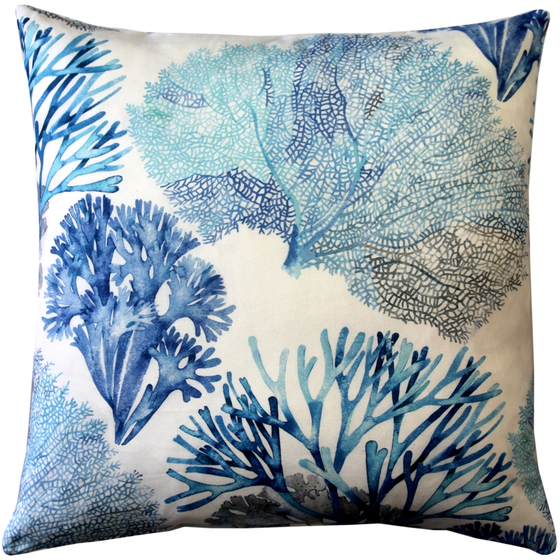 Throw Pillow Blue Coral Pattern Piped Edges Woven Coastal Accent