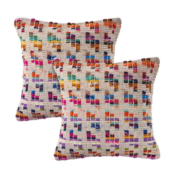 Throw Pillow Bohemian Chindi Texture Fringe Trim Multicolor Stripes