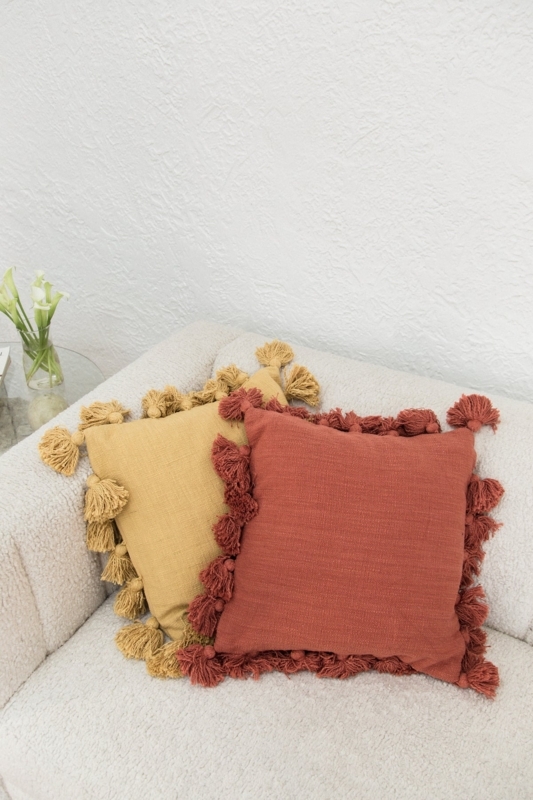 Throw Pillow Bohemian Embroidered White Multi Colored Tassels