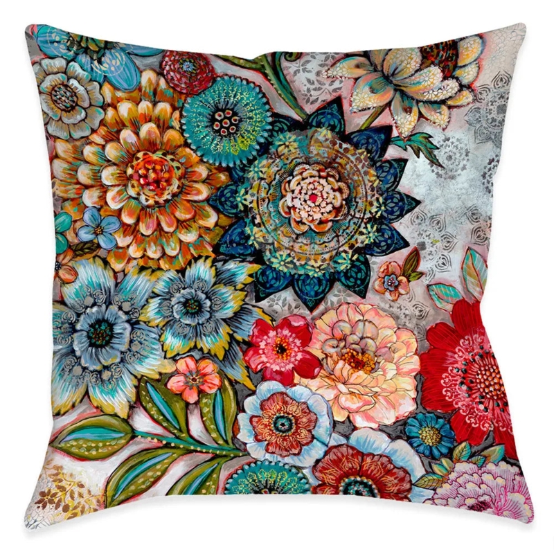 Throw Pillow Boho Bouquet Print Coral Blue Botanical Shabby Chic
