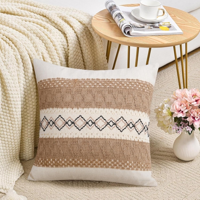 Throw Pillow, Boho High Contrast Tufting & Fringed Edges