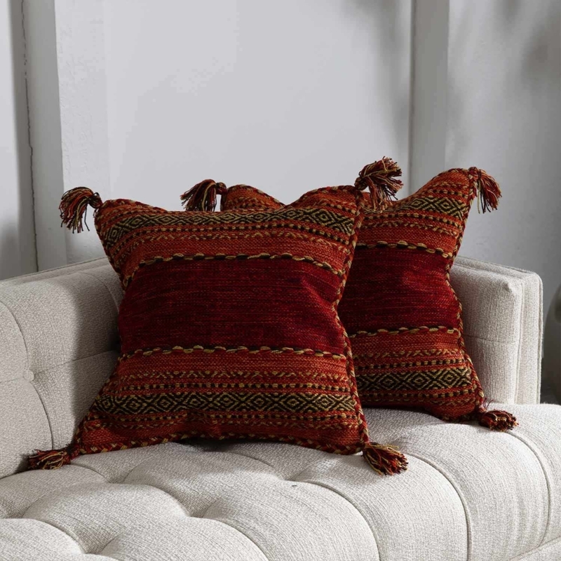 Throw Pillow Boho Red Decor Tribal Pattern Textured Weave Tassels