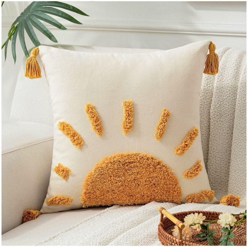 Throw Pillow Boho Sun Motif Tufted Yellow Cream with Tassels