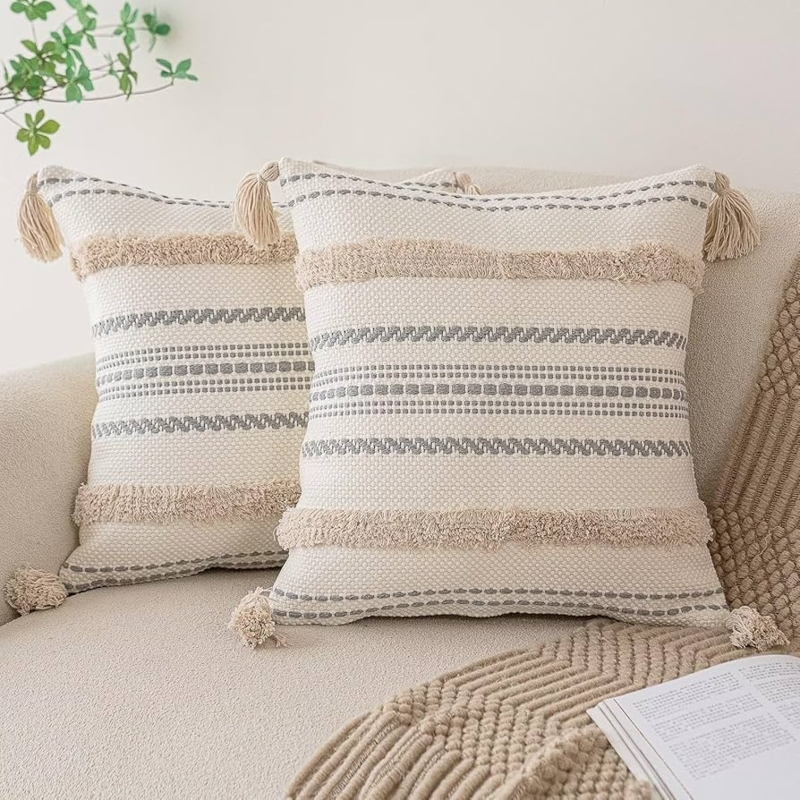 Throw Pillow: Boho Textured, Black Tufted Accents with Corner Tassels