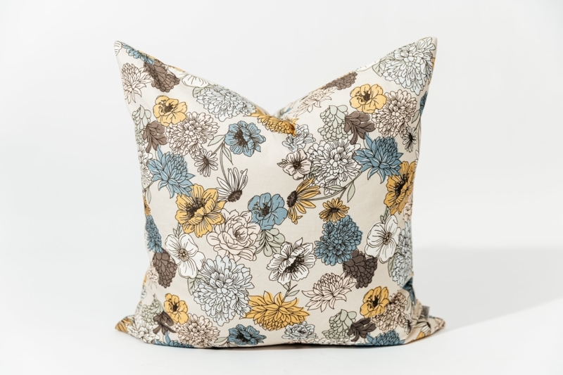 Throw Pillow: Botanical Floral Print Dusty Blue, Traditional Cottagecore.