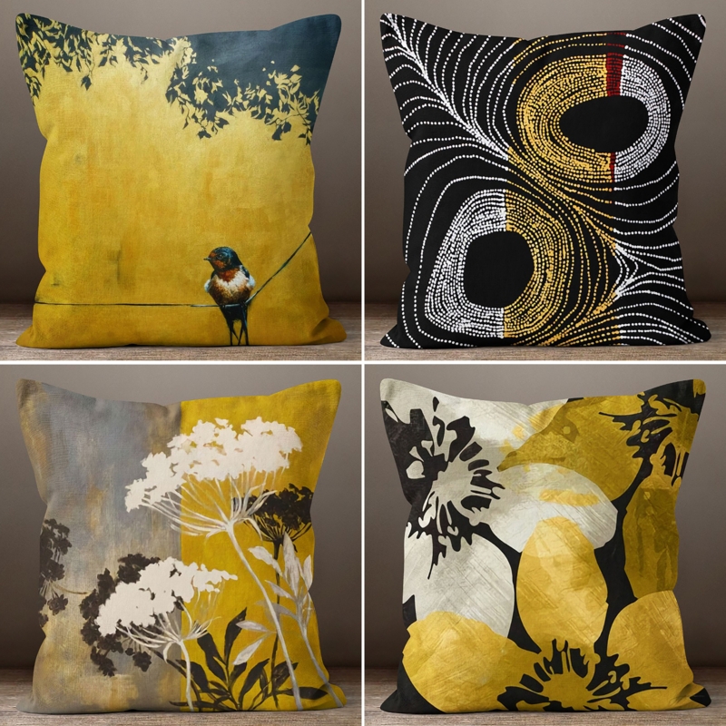 Throw Pillow, Botanical Print, Bird Motif, Yellow and Gray, Cottagecore