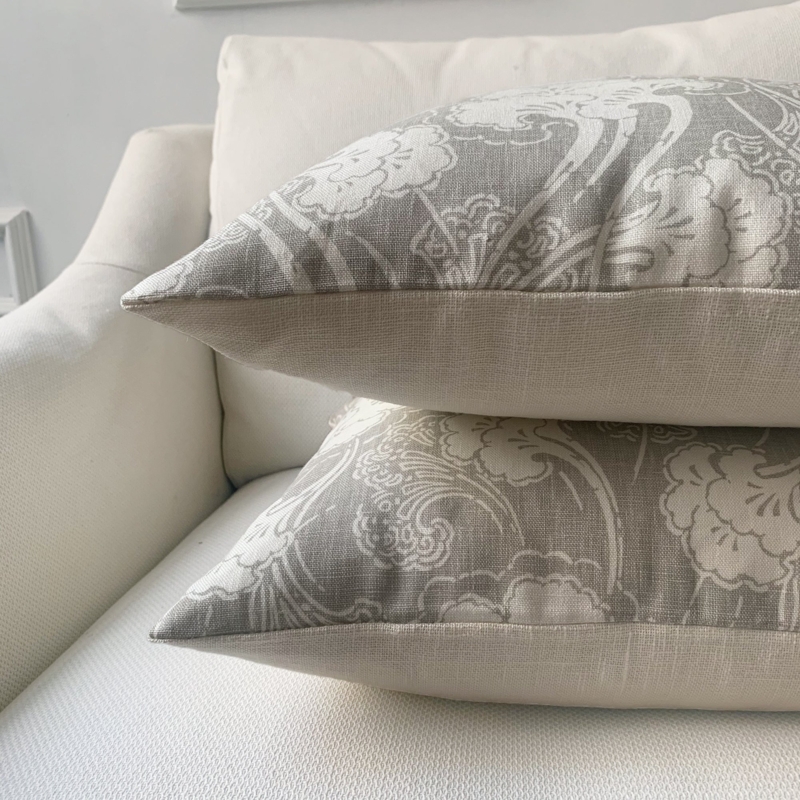 Throw Pillow Botanical Print Piped Edges Charcoal Gray Modern Farmhouse