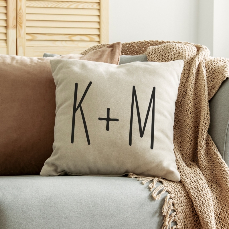 Throw Pillow Botanical Wreath Monogram Linen-Like Boho Chic